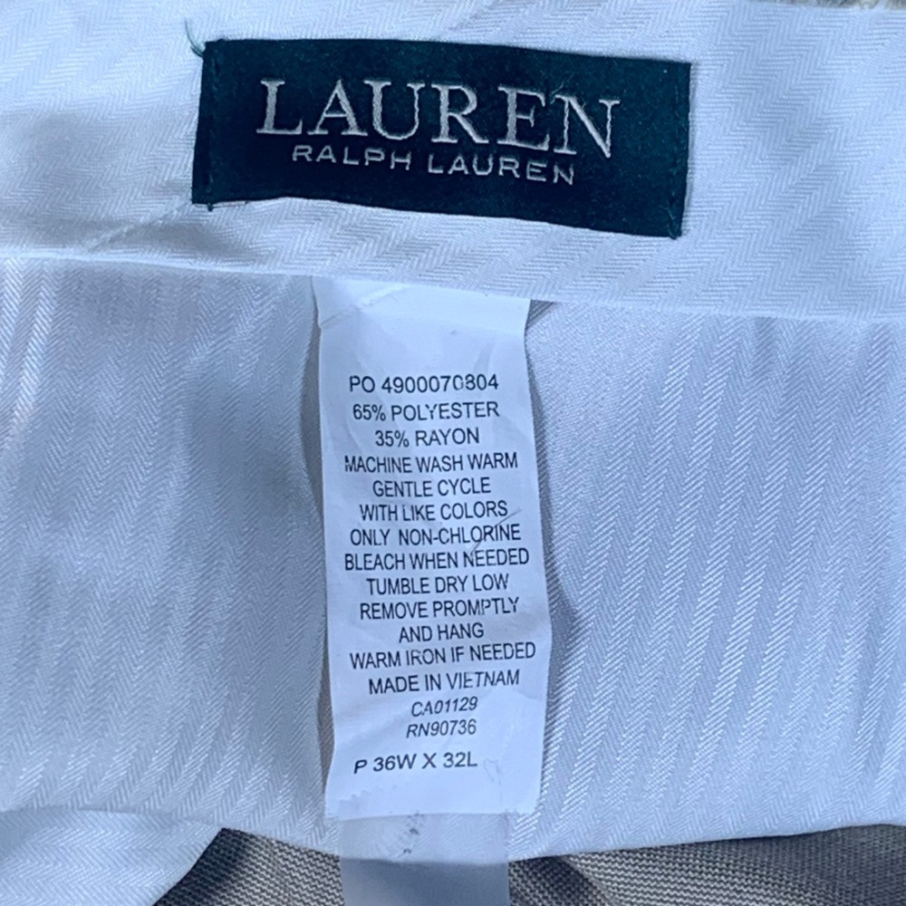 Lauren Ralph Lauren Mens Dress Pant 36x32 Tan Khaki Flat Front Straight Trousers - Picture 7 of 8